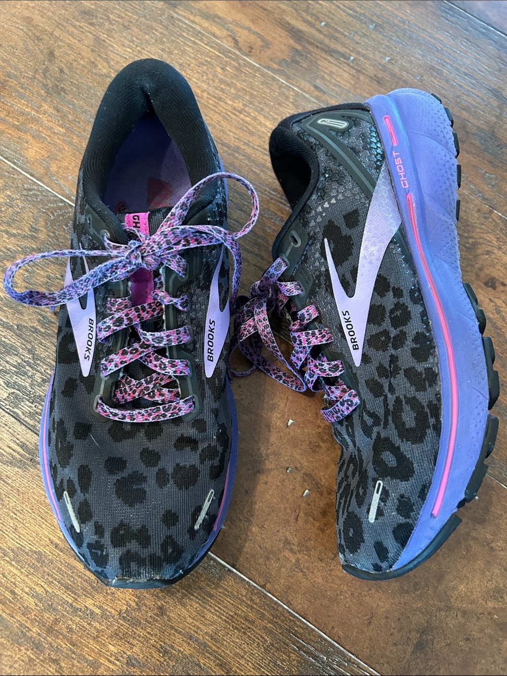 Brooks Women's Ghost 14 Black & Purple Leopard-Print Running Shoes Sz 7